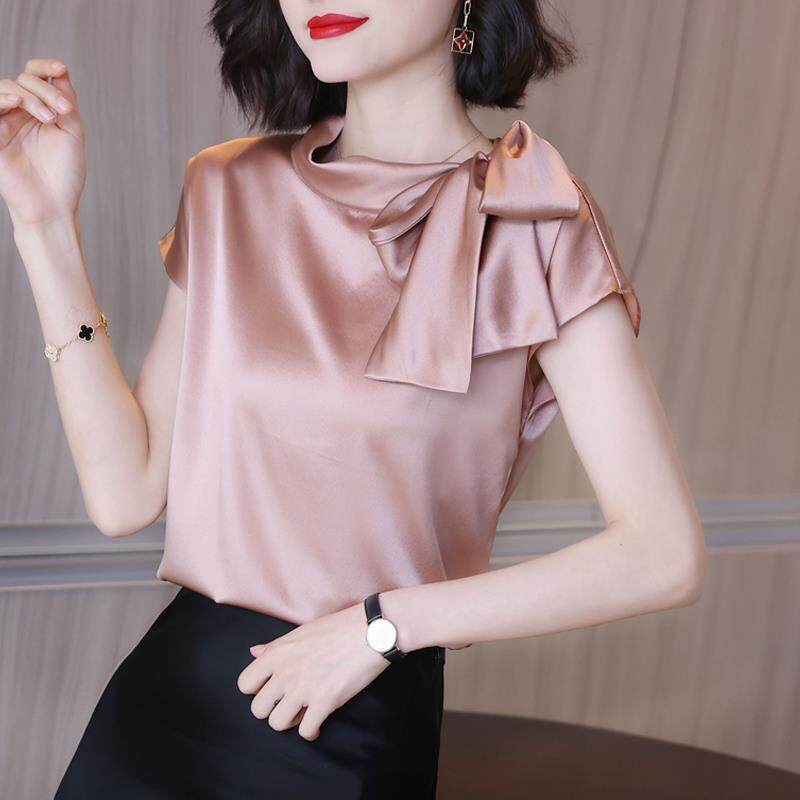 EDQRDQ Women's Casual Side Bow Tie Neck Short Sleeve Satin Blouse Shirt Top