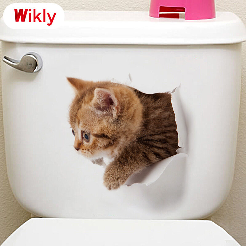 Wikly 3D Cat Dog Wall Sticker Bathroom Bedroom Animal Decals Toilet Stickers Home Decoration Art Poster